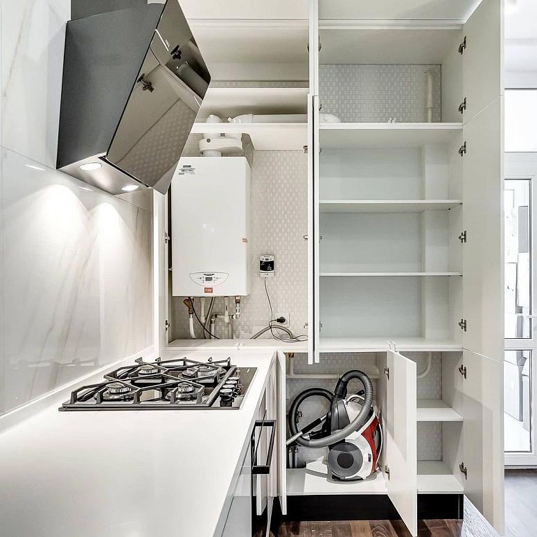 Фото п-образная белая светлая глянцевая кухня из акрила в стиле Хай-Тек и в стиле Минимализм c акриловой столешницей