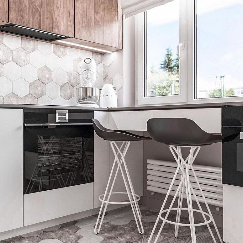 Фото угловая с барной стойкой белая древесная двухцветная светлая кухня с пластиковыми фасадами в стиле Хай-Тек и в стиле Минимализм HPL-Compact