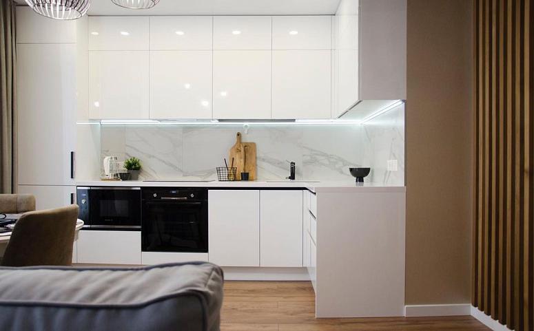 Фото угловая белая глянцевая под камень светлая кухня с крашеными фасадами в стиле Хай-Тек и в стиле Минимализм с кварцевой столешницей