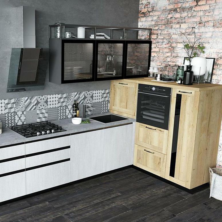 Фото угловая белая древесная двухцветная матовая светлая кухня с пластиковыми фасадами в стиле Лофт и в стиле Минимализм с кварцевой столешницей