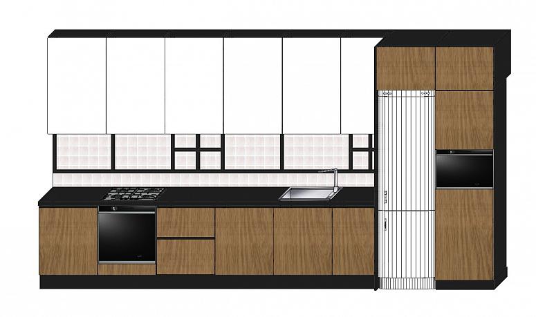 Фото прямая бежевая древесная двухцветная матовая светлая кухня с пластиковыми фасадами с фасадами Fenix в стиле Минимализм